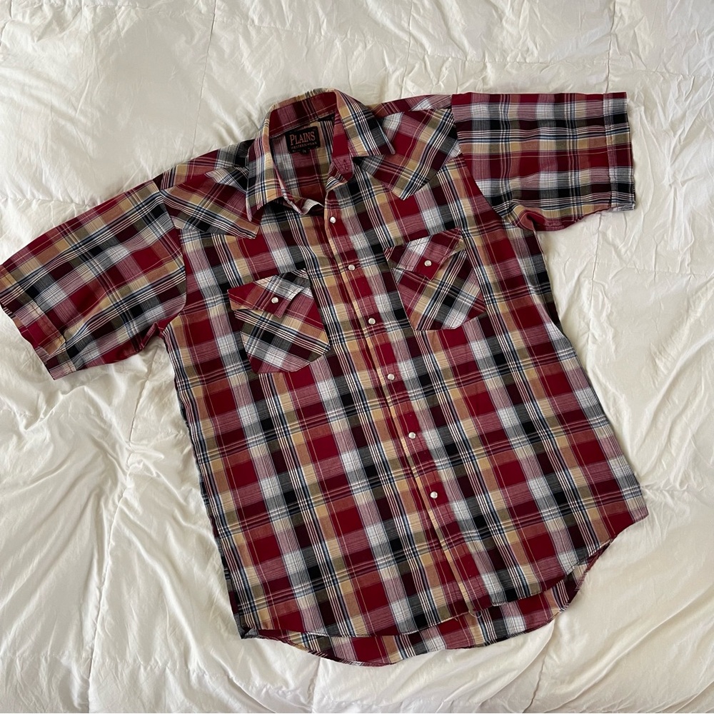 Plains Western Pearl Snap Plaid Button Down Shirt M